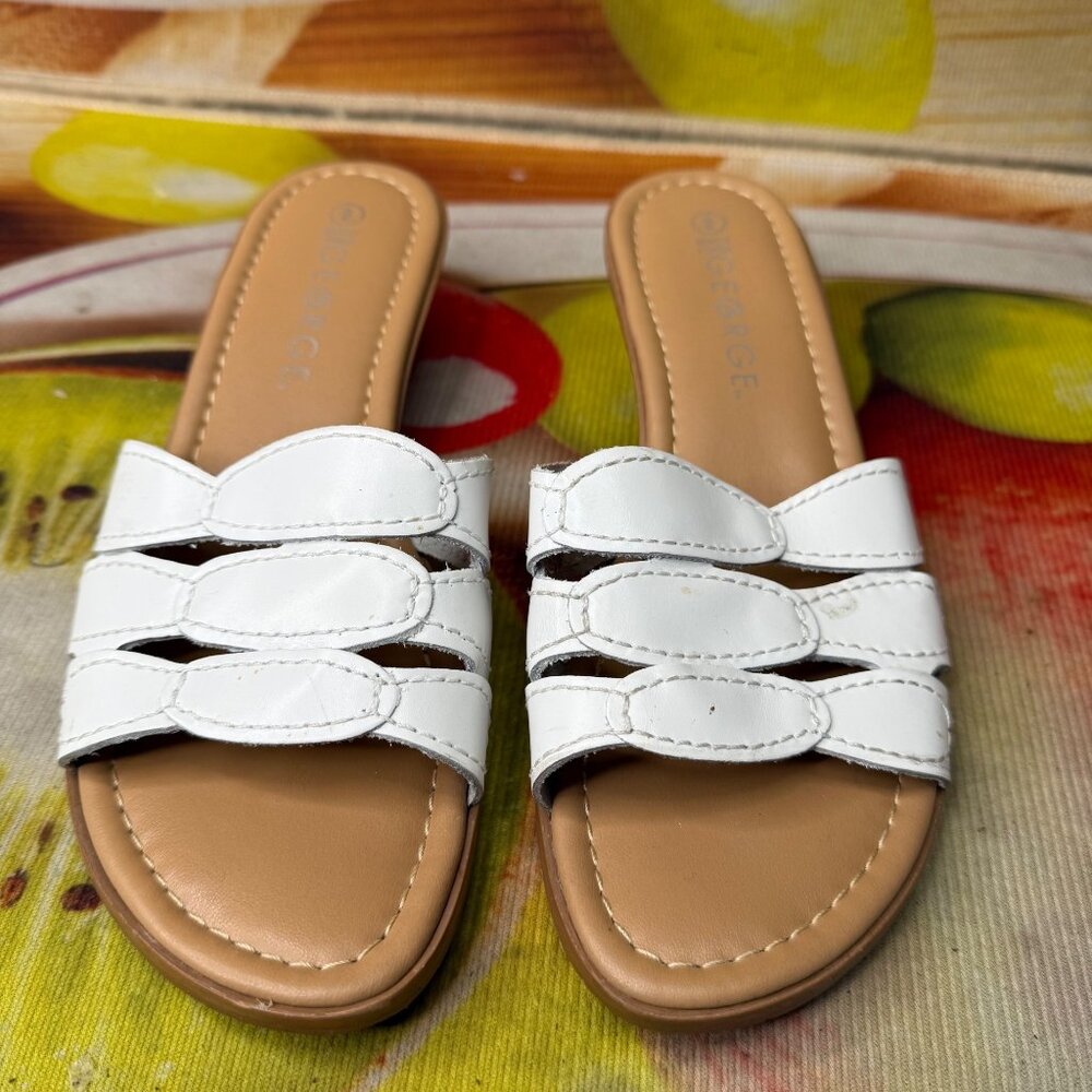 George Linda Womens Size 9  White Faux Leather Wedge Heel Slip-On Sandals